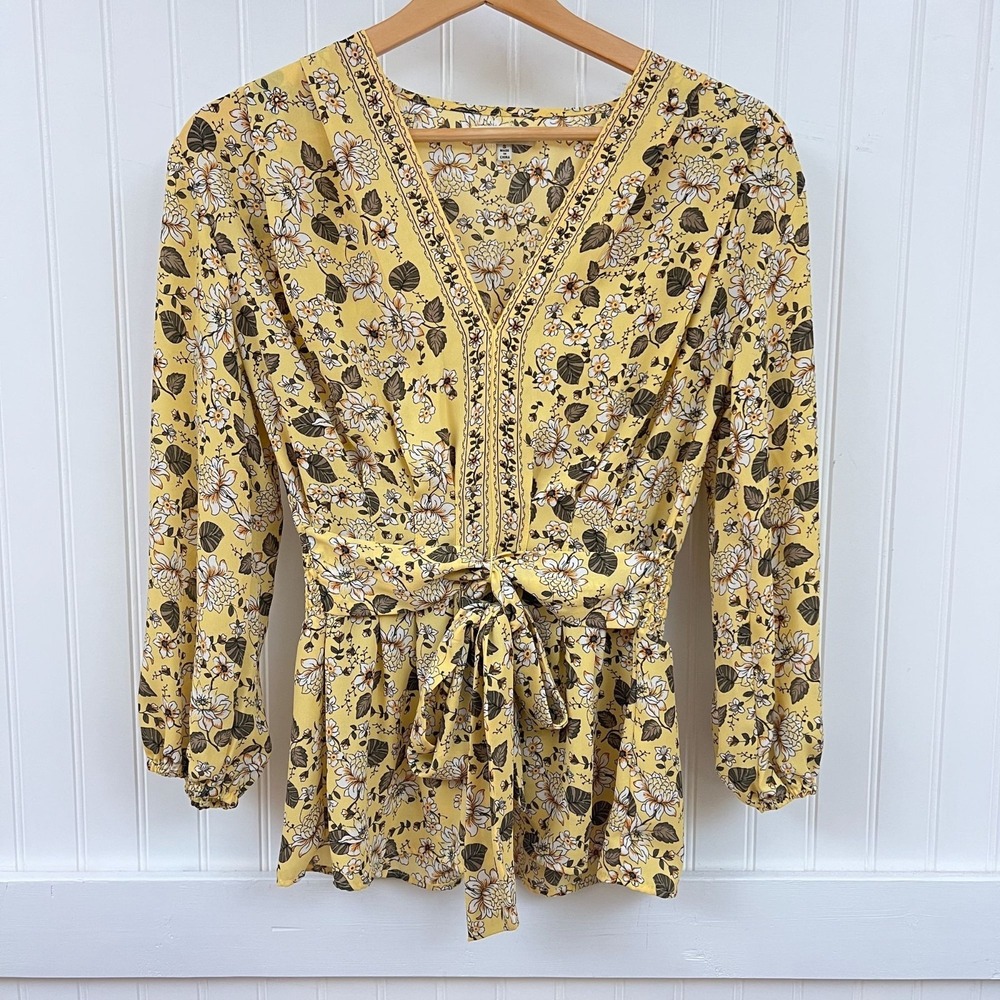 Max Studio Blouse Yellow Floral Fairy Babydoll Tie Waist Peplum Women's S Boho